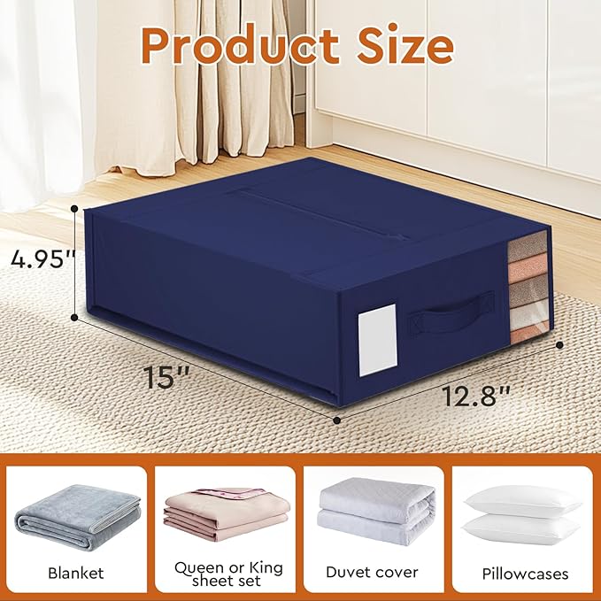StorageTastic 4 Pack Bed Sheet Closet Organizers and Storage,Sturdy Foldable Storage Containers with Window and Label,Storage and Organization for Bedding Sheets,Duvet Covers,Blankets (Blue)