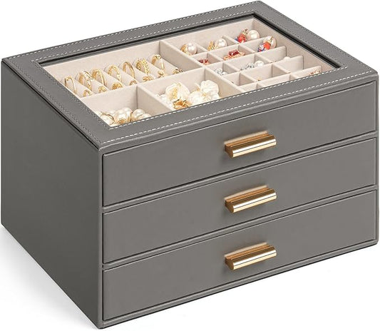 AKOZLIN Jewelry Box with Clear Lid Functional Leather Jewelry Storage Organizer Case 3 Drawers for Women Girls Necklace Ring Bracelet Earring