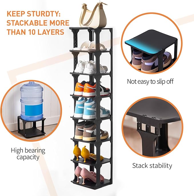 5 Tiers Shoe Rack Organizer for Closet Shoe Holder Storage Narrow Plastic Vertical, Free Standing Shoe Rack Shelf for Entryway Stackable Stability DIY, Black