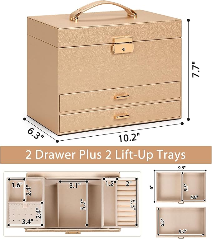 AKOZLIN Travel Jewelry Box Organizer Functional 2-trays Leather Jewelry Storage Case with Lockable Portable 2 Drawers for Women Girls Ring Necklace Earring Bracelet