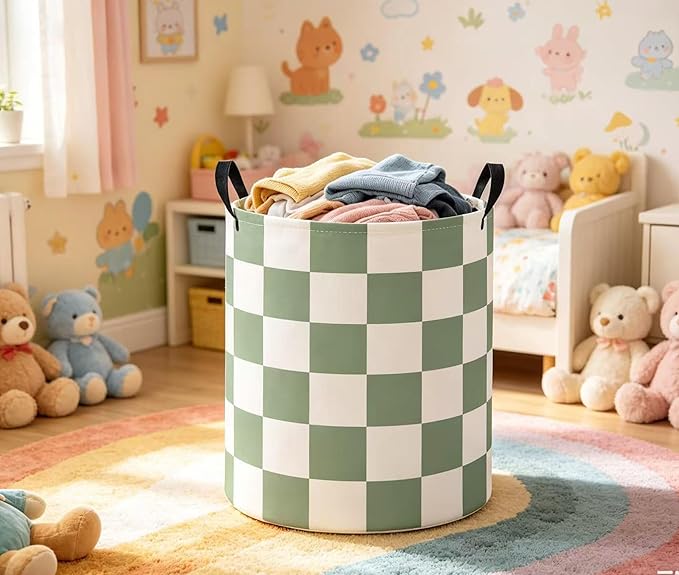 Baby Laundry Basket Baby Nursery Hamper Kids Laundry Basket Toy Storage Bin for Boys Room Decor Gift Baskets for Bedroom Bathroom(Green Checkered)