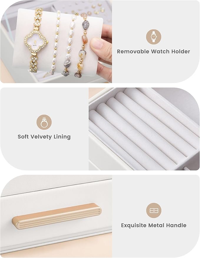 Lolalet 2-Layer Jewelry Box Organizer for Women Girls, Jewelry Storage Case Holder with Drawers for Necklaces Ring Earrings Bracelet Watch, Gifts Choice for Mom Mother’s Day -Beige