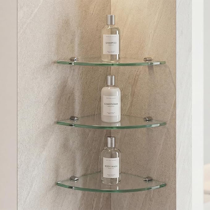 Kingrol 3 Pack Glass Bathroom Shower Shelves, Extra Thick Wall Mounted Shelves, Clear Floating Corner Shelves for Kitchen, Bathroom, Living Room, Office