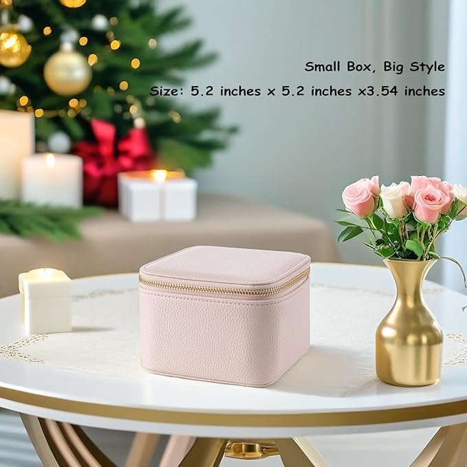 VLANDO Travel Jewelry Box Organizer – Portable PU Leather Jewelry Case with 6/8/12 Zippered Pouches, Compact Storage for Earrings Rings Necklaces Bracelets, Rosy Mauve