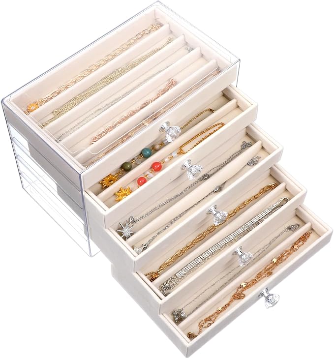 5-Drawer Necklace Organizer Box with Clear Acrylic & Velvet Lining, Beige Necklace Storage Box for Chains, Pendants, Stackable Dustproof Jewelry Holder(9.25 x 5.9 x 6.69 in)