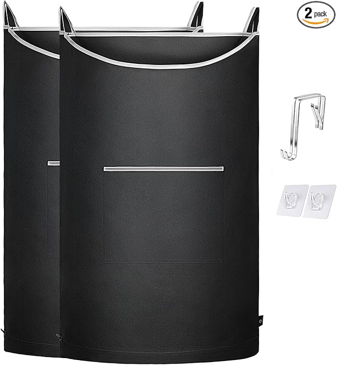 XL Hanging Laundry Hamper, 2PC-Black, Over Door/Wall Mount, Large Capacity, Modern Design, Durable, Waterproof