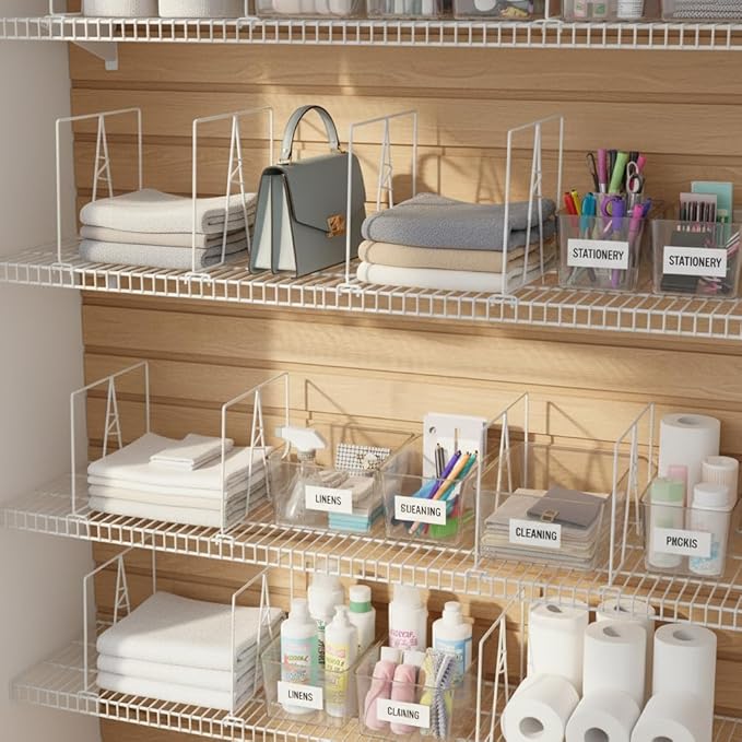 Wire Shelf Dividers - White Closet Organization & Storage Organizer - No Tool Shelf Divider for Wire Shelves - Metal Shelf Accessories – for 12“ Deep Wire Shelves – Tall 12” Height – 24 Pack