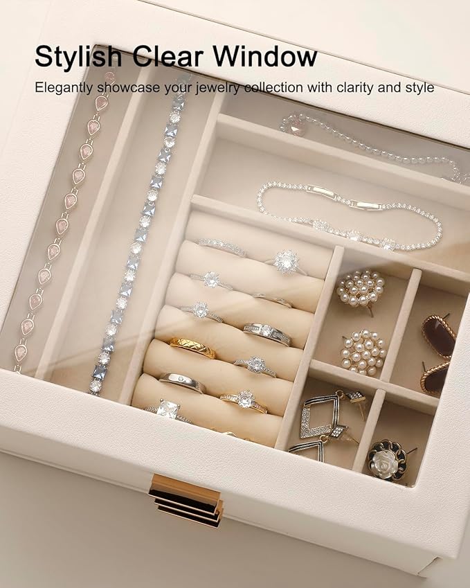 Jewelry Box with Glass Lid,3-Layer Jewelry Boxes for Women,PU Leather Jewelry Organizer with 20-Grid Earring Drawer & Movable Dividers for Necklaces Rings - Cloud White