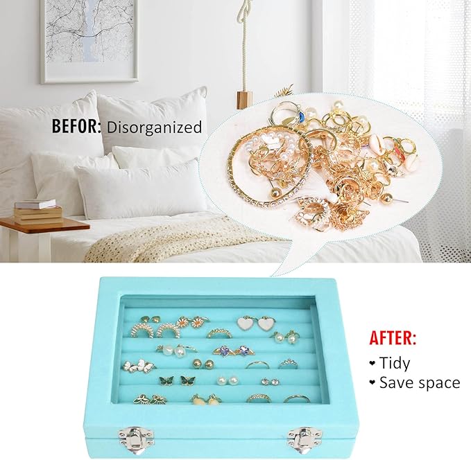 Vicoter Rings Organizer Tray 7 Slots Velvet Jewelry Earring Storage Box with Transparent lid Jewelry Display Case for Girls Wife Mom Women (Light Blue)