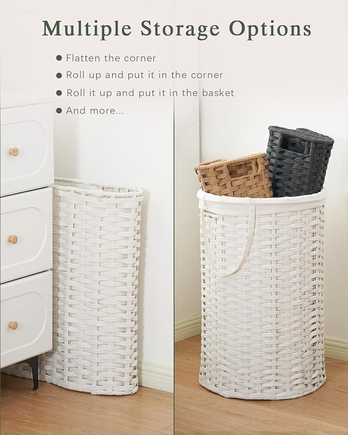 SETVSON Laundry Basket with Lid Round Rattan Laundry Hamper with Lid and Handles 29.1 Gal (110 L) Handwoven Woven Basket with Removable Bags and 2 Mesh Bags for Bathroom Living Room White
