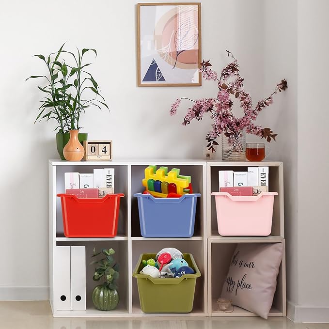 Dandat 16 Pcs Plastic Book Bins for Classroom Library Cubby Bins Scoop Front Stackable Toy Storage Tubs Containers for School Office Home Nursery Playroom Organization(Vintage Color)