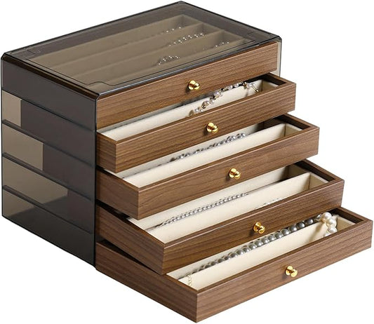 CLUQMEIK 5 Layer Necklace Jewelry Box, Vintage Wooden Jewelry Box with Acrylic Cover Stackable Necklace Storage Organizer for Women and Girls to Storing Necklaces