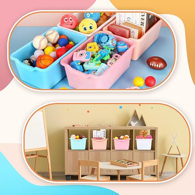 Dandat 16 Pcs Plastic Book Bins for Classroom Library Cubby Bins Scoop Front Stackable Toy Storage Tubs Containers for School Office Home Nursery Playroom Organization(Candy Color)