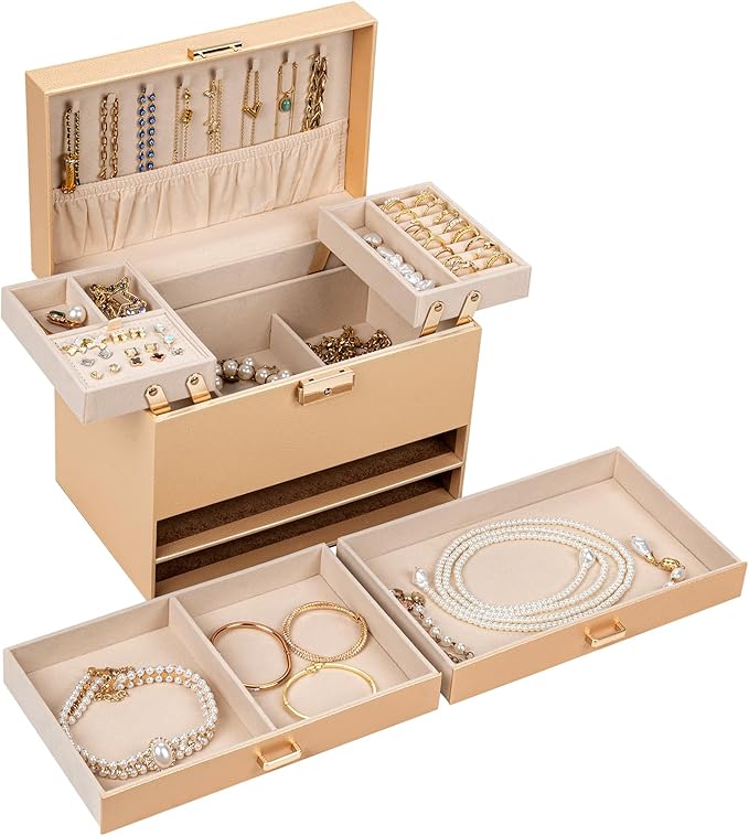 AKOZLIN Travel Jewelry Box Organizer Functional 2-trays Leather Jewelry Storage Case with Lockable Portable 2 Drawers for Women Girls Ring Necklace Earring Bracelet