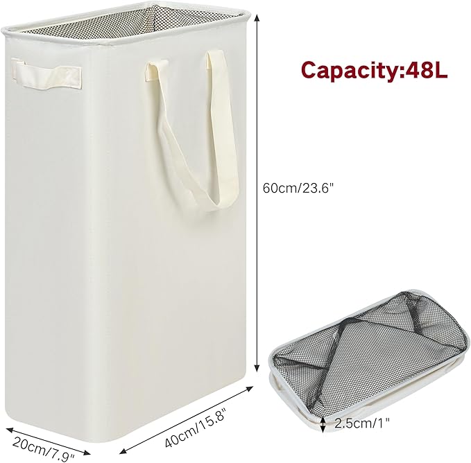 efluky Slim Laundry Basket, Narrow Laundry Hamper with Handles, Collapsible Dirty Clothes Hamper, Tall Laundry Bin for Laundry Room, Dorm and Bedroom, 12.7 Gallons(48L) Beige (Pack of 2)