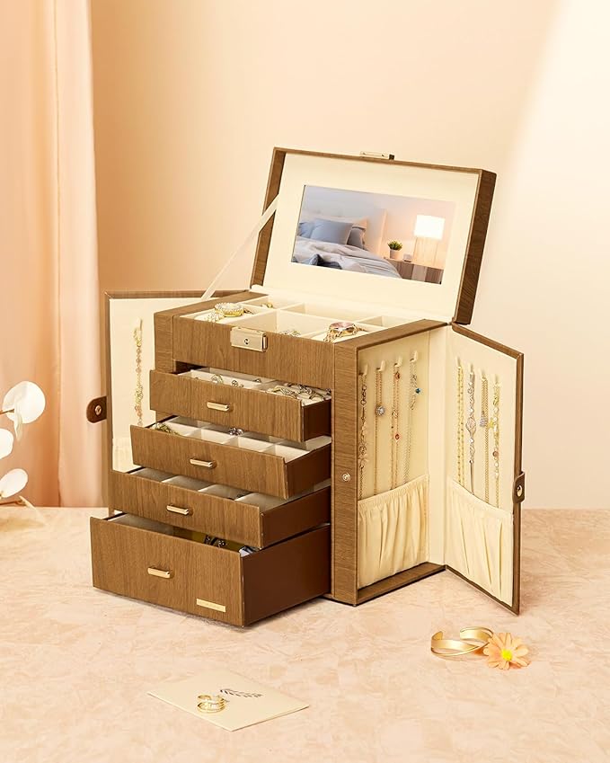 Homde Mothers Day Gifts Synthetic Leather Huge Jewelry Box Mirrored Watch Organizer Necklace Ring Earring Storage Lockable Gift Case (Brown + Gold)