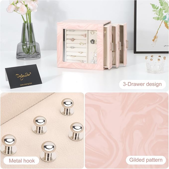 DesignSter Jewelry Box Organizer, Jewelry Box for Women, PU Jewelry Organizer Display Case with Side Drawers, Jewelry Storage for Earring Necklace Ring Bracelet Watch