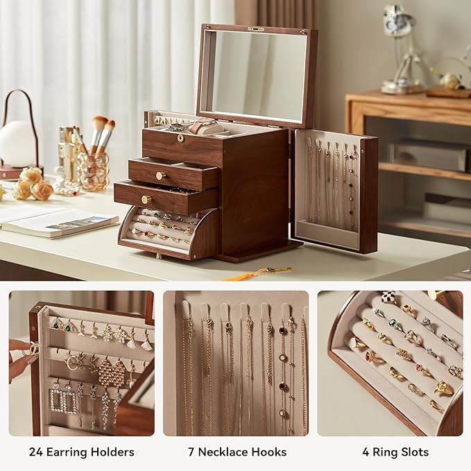 Black Walnut Wooden Jewelry Box, Wood Jewelry Organizer with 2 Side Doors Mirror Lockable Classical for Watch Necklace Ring Earring Mothers Day Gifts for Mo-4 Layer with Curved Ring Grooves