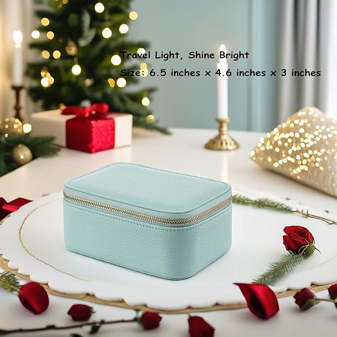 VLANDO Travel Jewelry Box Organizer – Portable PU Leather Jewelry Case with 6/8/12 Zippered Pouches, Compact Storage for Earrings Rings Necklaces Bracelets, Aqua Blue