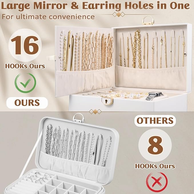 3 Layer Jewelry Boxes for Women with Mirror Large Jewelry Organizer Box with 2 Jewelry Organizer Drawer PU Lockable Elegant Unique Gifts for Women, White