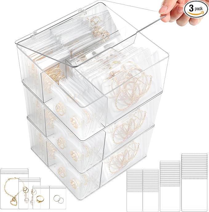3 Pack 4-in-1 Clear Jewelry Box Organizers with 80 Portable Anti Tarnish Jewelry Bags, Acrylic Organizers and Storage for Women Girls Earrings Rings Necklaces Bracelets Holder