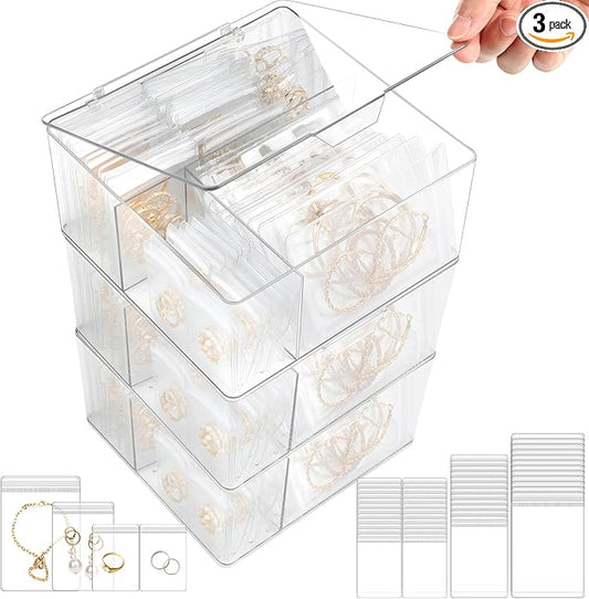 3 Pack 4-in-1 Clear Jewelry Box Organizers with 80 Portable Anti Tarnish Jewelry Bags, Acrylic Organizers and Storage for Women Girls Earrings Rings Necklaces Bracelets Holder