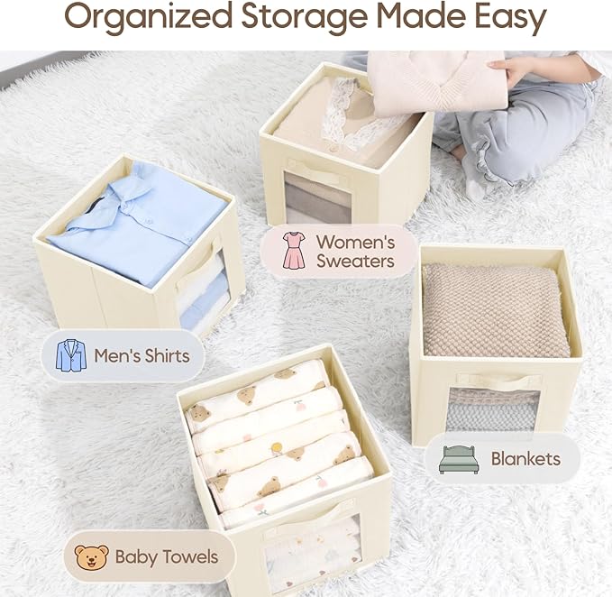 Homsorout Storage Baskets for Organizing - 6 Pack Cube Storge Bins, Foldable Storage Bins with Handle, Closet Organizers and Storage Baskets for Toys, Clothes, Beige