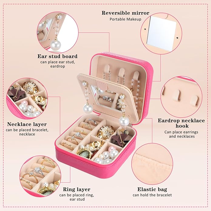 Hillban Bridesmaid Gifts Jewelry Box with Mirror, PU Leather Small Travel Jewelry Case Organizer Storage for Women Girls