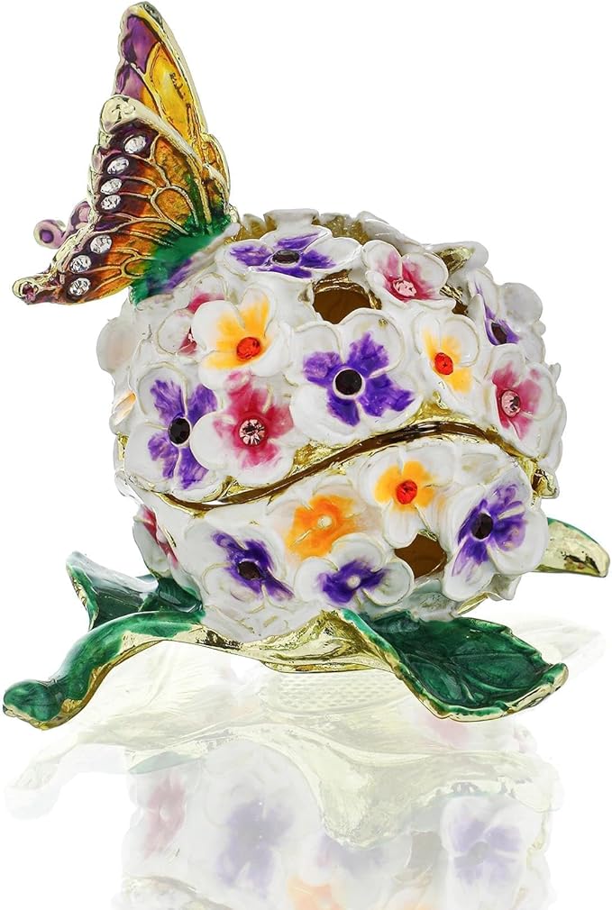 YU FENG Enamel Butterfly Trinket Box Jewelry Organizer, Decorative Hinged Keepsake Box – Butterfly with Floral Ball Design