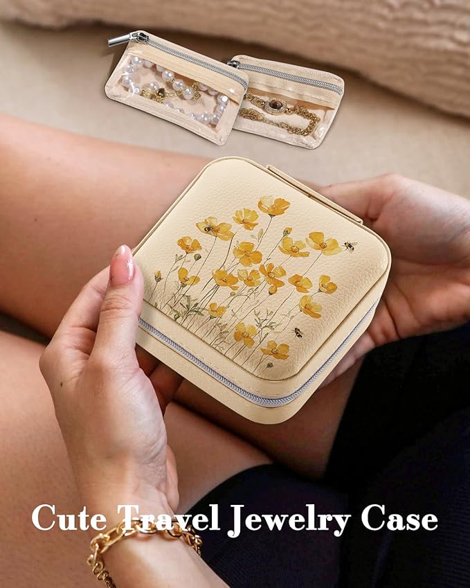 Bistup Travel Jewelry Case - Small Jewelry Organizers and Storage Box for Women Girls Teens Cute Traveling Jewelry Holder with Mirror Little Tiny Compact Yellow Flower Pretty Modern Unique Aesthetic