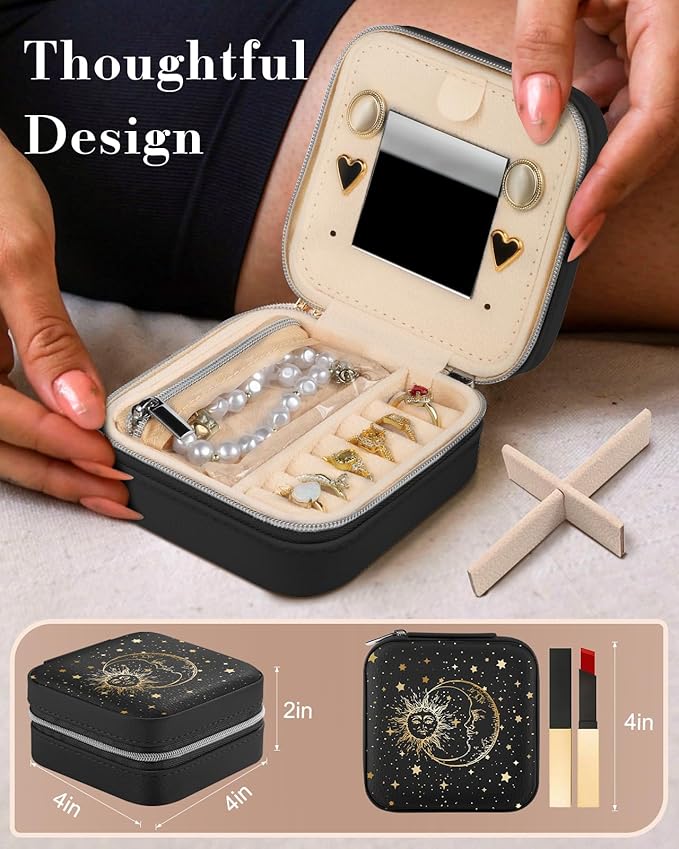 Bistup Travel Jewelry Case - Small Jewelry Organizers and Storage Box for Women Girls Teens Cute Traveling Jewelry Holder with Mirror Little Tiny Compact Modern Unique Aesthetic Pretty, Sun and Moon
