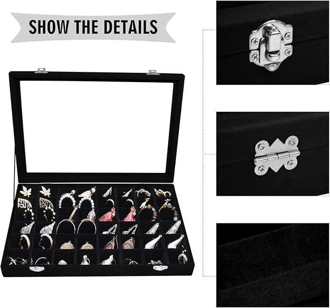 Siveit Velvet Jewelry Tray 48 Grid Jewelry Display Tray Organizer Box with Transparent Lid Rings Earrings Necklaces Pendants Display Box Suitable for Women and Girls (Black)