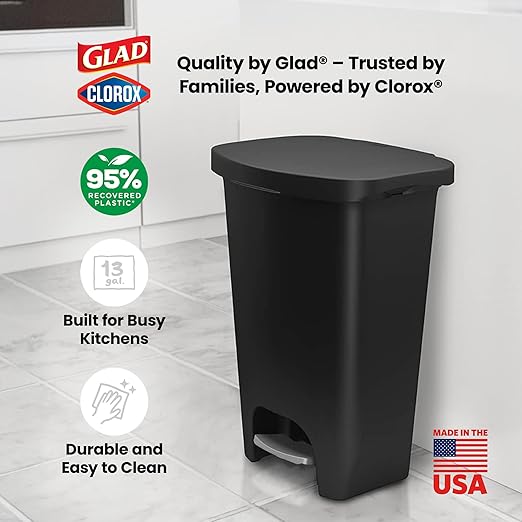 Glad 13 Gallon Trash Can | Plastic Kitchen Waste Bin with Odor Protection of Lid | Hands Free with Step On Foot Pedal and Garbage Bag Rings, Black