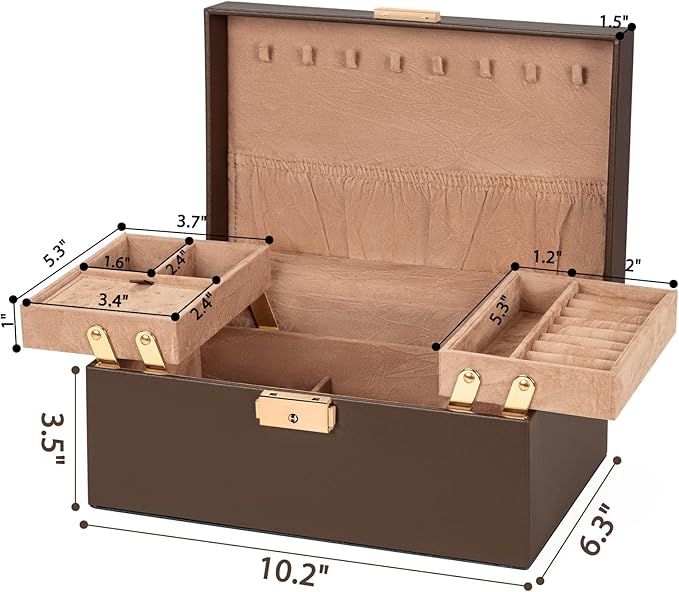 AKOZLIN Travel Jewelry Box Organizer Functional 2-trays Leather Jewelry Storage Case with Lockable Portable for Women Girls Ring Necklace Earring Bracelet
