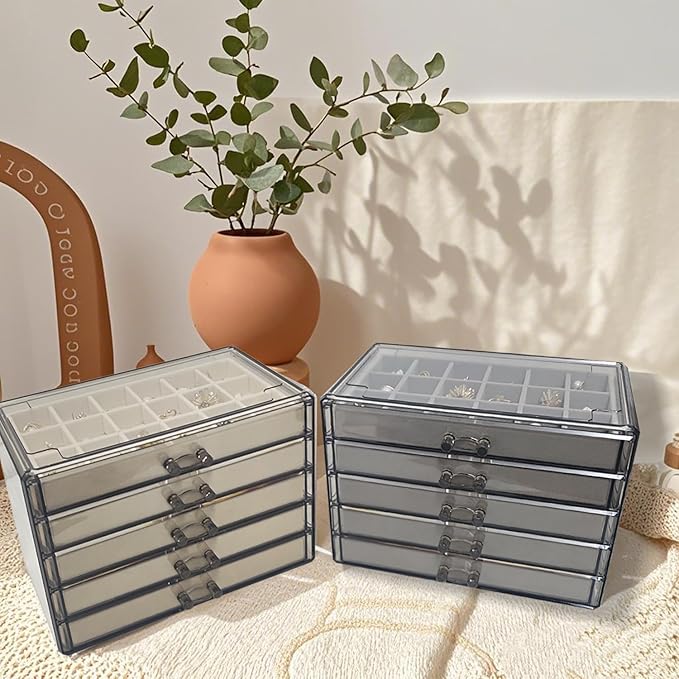 Acrylic Earring Holder Organizer with 5 Drawers Clear Earring Organizer Box with 90 Adjustable Grids Velvet Earring Display Case Jewelry Organizer for Earrings Rings Studs (Brown Gray)