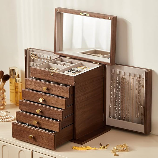 CHOSIN Black Walnut Wooden Jewelry Box, 6-Layer Lockable Wood Jewelry Organizer with Mirror, Side Doors & Brass Handle, Classical Design for Rings, Necklaces, Earrings, Mothers Day Gifts for Mom