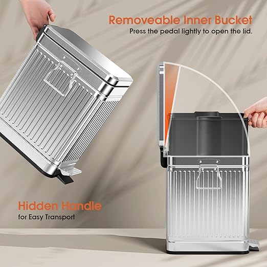 Small Bathroom Trash Can with Lid Soft Close, 6L / 1.6 Gallon Stainless Steel Garbage Can with Step Pedal & Odor Control, Slim Trash Bin for Toilet, Office, Bedroom - Sliver