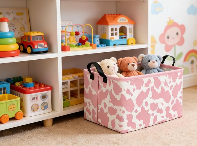 Rectangular Cow Baskets Pink Basket Cute Storage Bins Organizer Box Girls Room Decor for Home.(Pink cow)