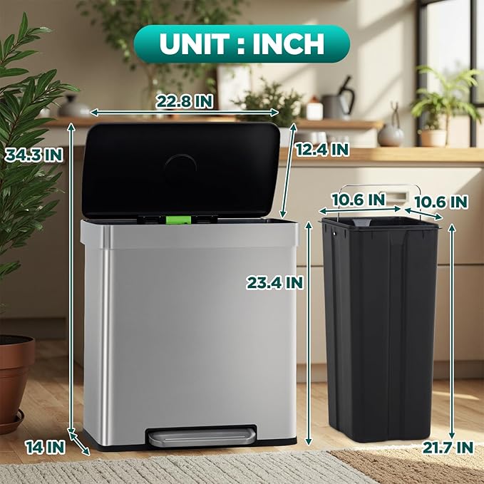 FDW 16 Gallon / 60 L Garbage Can Kitchen Trash Can with Lid for Office Bedroom Bathroom Step Trash Bin Fingerprint-Proof Brushed Stainless Steel 16 Gallon / 60 Liter