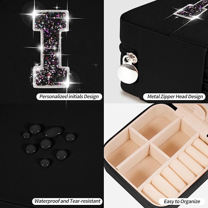 Uygafly Personalized Jewelry Case for Women Girls - Fashion Mini Jewelry Boxes - Trendy Travel Jewelry Organizer with Initials Letter - Teen Gifts | Black,I