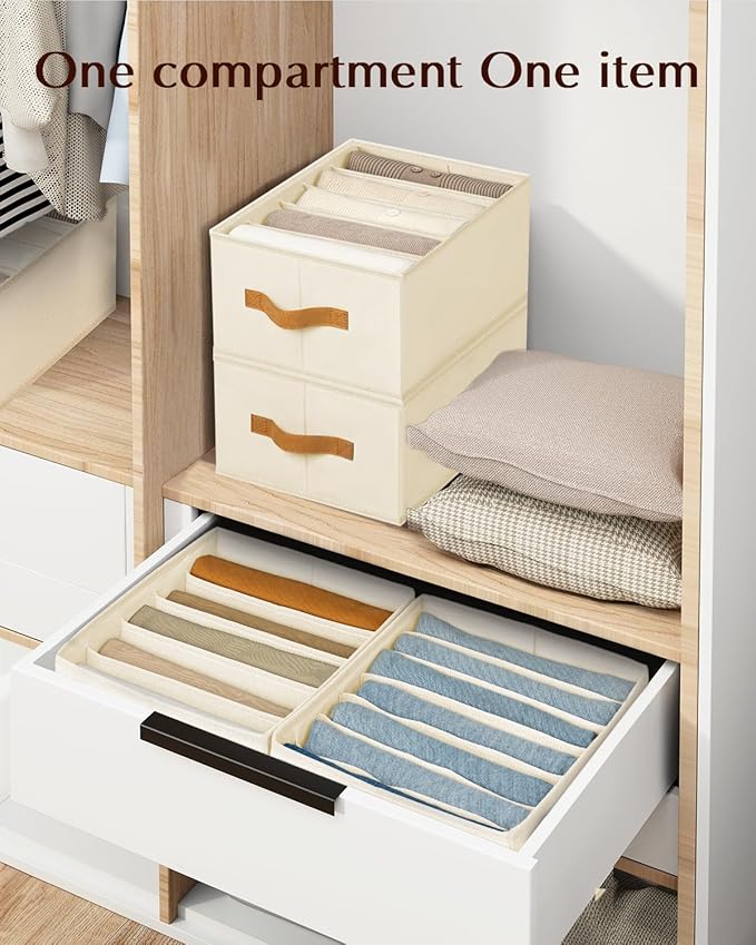 Homsorout Clothes Organizers and Storage - 4/5/7 Grids Fabric Jeans Organizer with Handles, Foldable Closet Organizers Dividers, Wardrobe organizer for Pant, Sweater, T-shirt, Scarf, 6 Pack, Beige