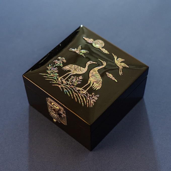 February Mountain Mother of Pearl Mini Jewelry Box - Organizer for Earring Necklace Ring & Bracelet Jewelry Display Storage Case for Woman Unique Gifts (Crane_Black)