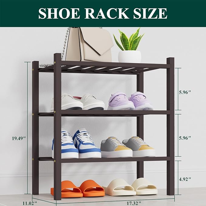 Smiry Shoe Rack, 3 Tier Thick Small Bamboo Shoe Organizer, Stackable Free Standing Wooden Shoe Storage Shelf for Closet, Entryway, Front Door Entrance, Brown