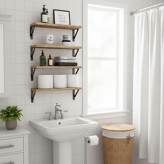 Fixwal Floating Shelves for Wall, Wood Wall Mounted Shelves for Bedroom, Bathroom, Living Room, Kitchen Storage and Decor(Rustic Brown, Set of 4, 16.5 Inch)