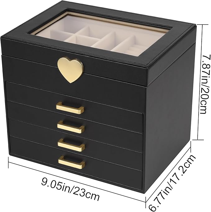 Kendal Jewelry Box, 5-Layer Jewelry Organizer Box with Glass Lid, Black, Heart Shaped PU Leather, Storage Box for Necklace Earrings Rings Bracelets, Gift Idea for Girls LJC4DRBK