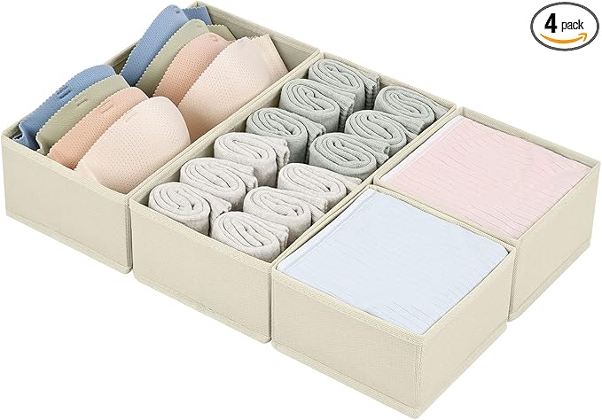 DIMJ Drawer Organizers Clothes, Dresser Organizer Bins for Baby Clothes,Underwear and Sock, Fabric Closet Organization and Storage Boxs, Drawer Dividers for Nursery, Clothing, Tie - 4 Pack, Beige