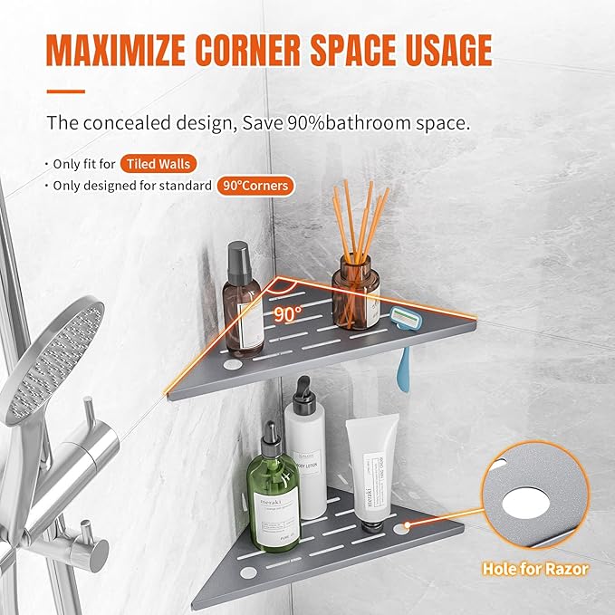 Corner Shower Shelves with Rozar Hole,Rustproof Stainless Steel Corner Shower Caddy Organizer Modern Sturdy Shower Shelf for Inside Shower 10" Large Capacity No-Drill Rack Storage Bathroom Accessories