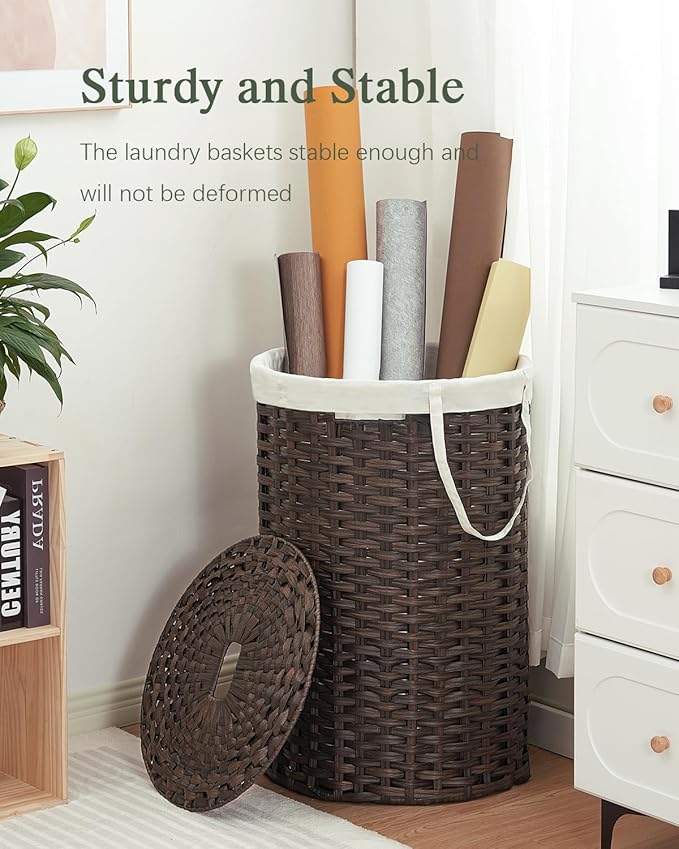 SETVSON Large Laundry Hamper Laundry Basket Round 34.3 Gal (130 L) Handwoven Wicker Laundry Baskets Rattan Laundry Basket with Laundry Bag Handles 2 Mesh Bags for Living Room Bedroom Brown