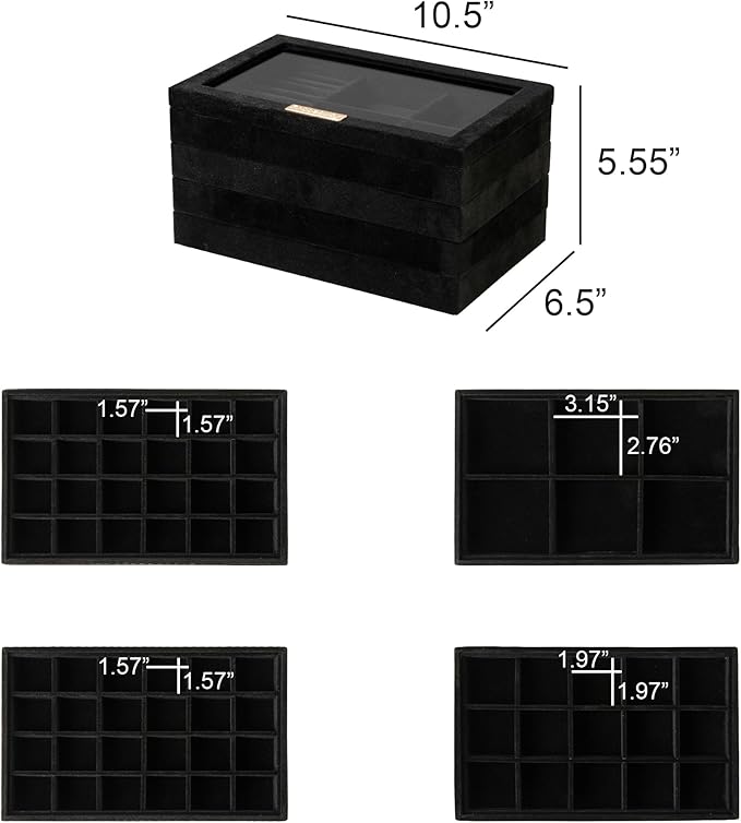 Frebeauty Earring Holder Stackable Jewelry Trays,Velvet Drawer Jewelry Organizer with Glass Lid, 5 in 1 Jewelry Box for Earrings Rings Studs,10.5 x 6.5 x 5.55 Inches Gift for Women (Black)