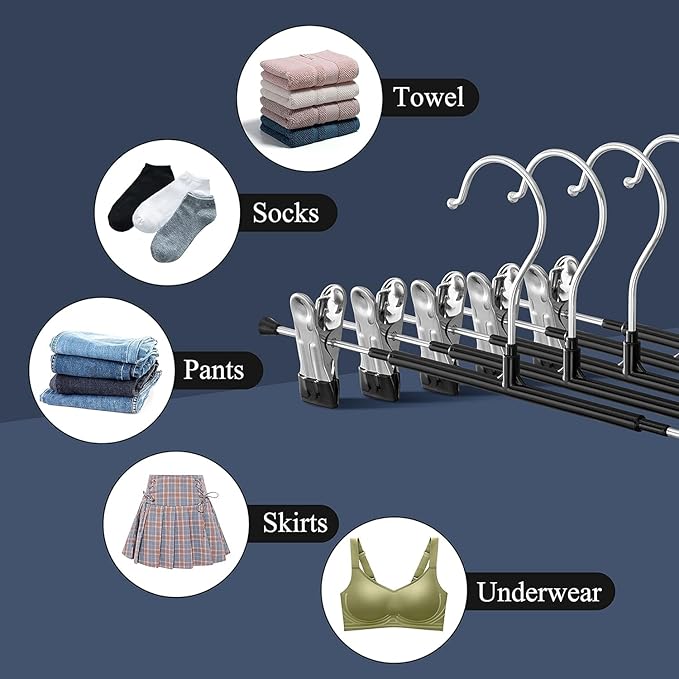 Pants Hangers with Clips 60 Pack Adjustable Skirt Hangers for Women Non-Slip Trousers Hanger for Jeans Clothes Hangers for Pants Heavy Duty Space Saving Shorts Hangers,Black,14Inch